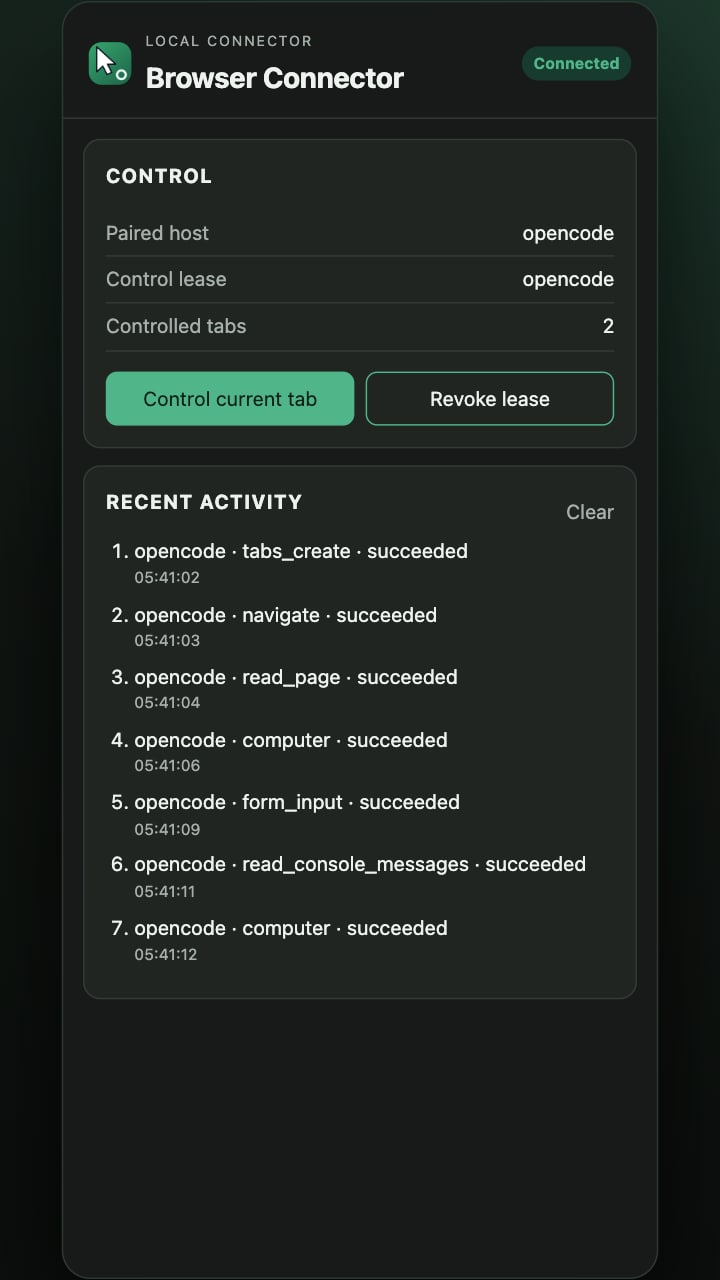 Panel samping Browser Connector menampilkan host yang dipasangkan, Control Lease, dua tab terkendali, dan catatan aktivitas terakhir.