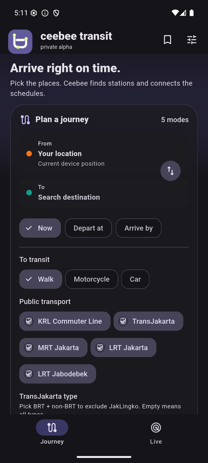 Planner CeeBee Transit untuk memilih lokasi awal, tujuan, waktu perjalanan, dan moda transportasi.