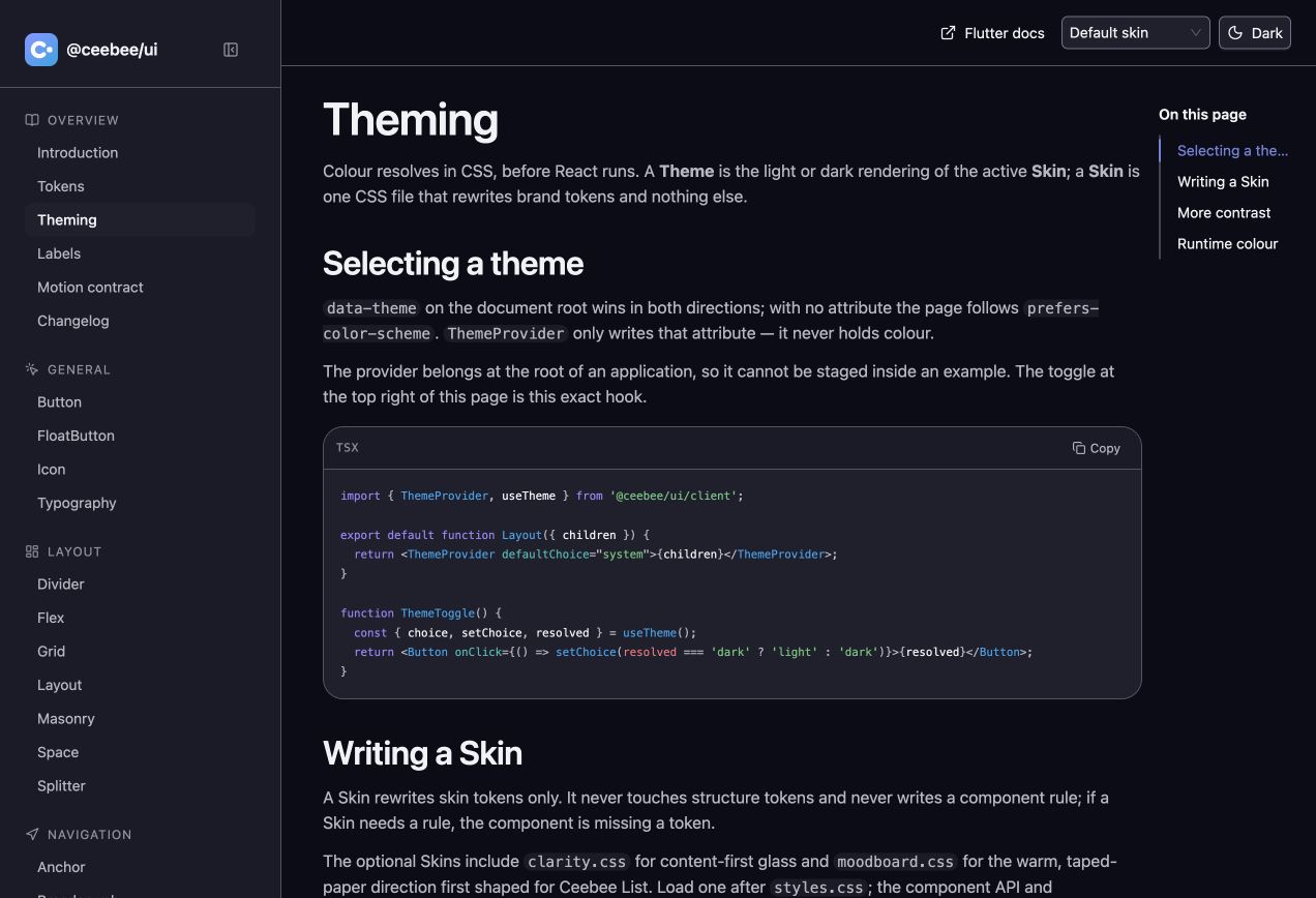 Dokumentasi theming CeeBee UI yang menjelaskan hubungan token, skin, dan runtime komponen.